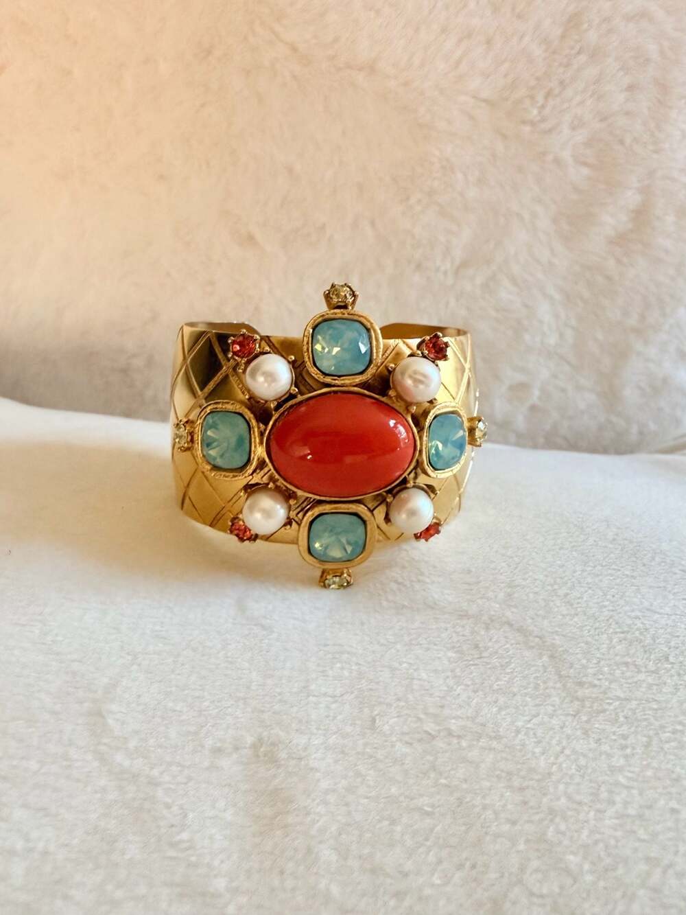 Yosca Gold-Tone Cuff Bracelet with Turquoise, Coral, and Pearl Cabochons